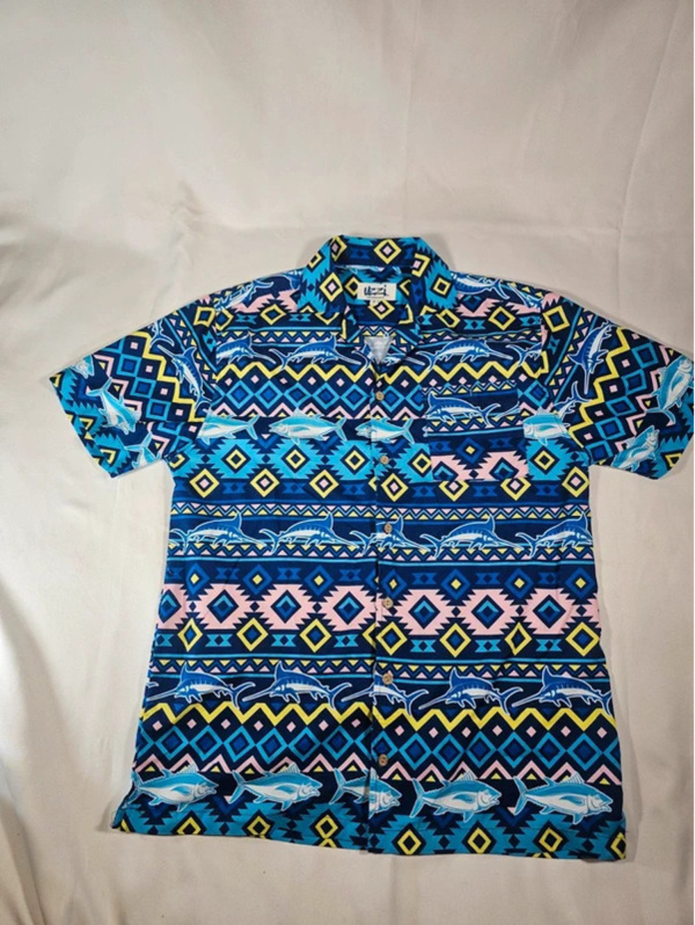 Uzzi SMALL Amphibious Gear Marlin Tuna Aztec Print SS Button Down Shirt